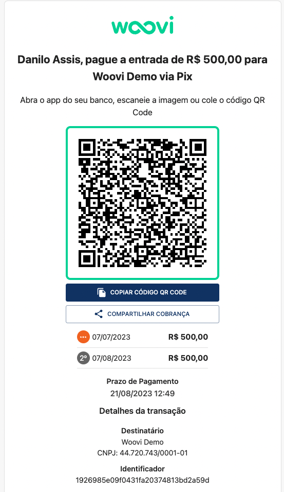 Link de pagamento do Pix Crediário com a primeira parcela ativa